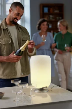 Atmos LED lampe m/højtaler & drinks køler, børstet sølv