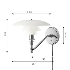 PH 3/2 væglampe m/ledning, hvid opal